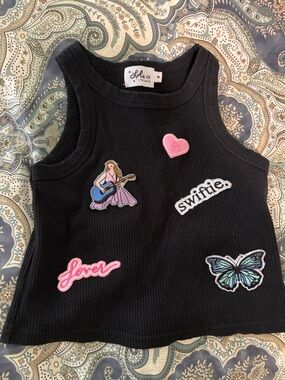 Lola + The Boys Black Ribbed Tank Top with Pink & Blue Patch Accents